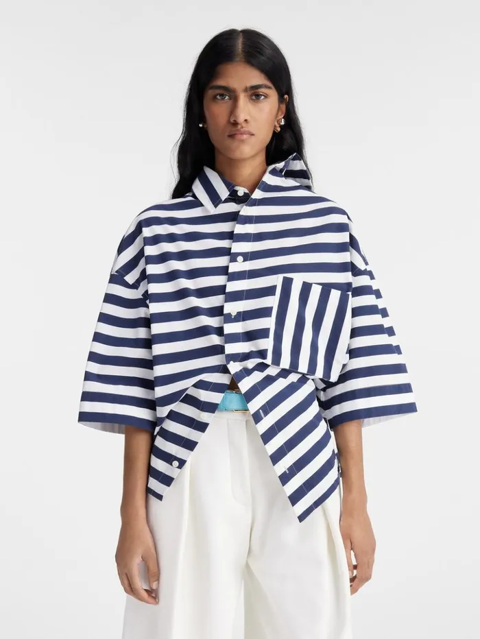Women Tops and Shirts JACQUEMUS The Pablo Shortsleeve Shirt Print White and Blue Stripes Women Tops and Shirts JACQUEMUS The Pablo Shortsleeve Shirt Print White and Blue Stripes
