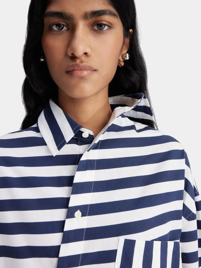 Women Tops and Shirts JACQUEMUS The Pablo Shortsleeve Shirt Print White and Blue Stripes Women Tops and Shirts JACQUEMUS The Pablo Shortsleeve Shirt Print White and Blue Stripes