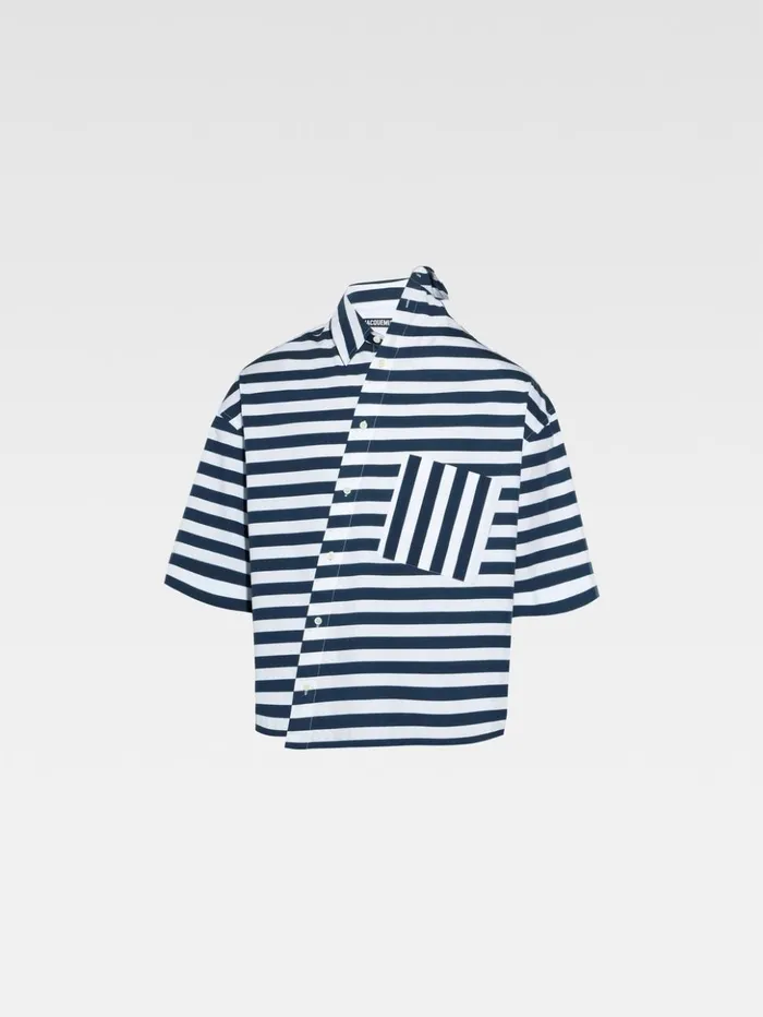 Women Tops and Shirts JACQUEMUS The Pablo Shortsleeve Shirt Print White and Blue Stripes Women Tops and Shirts JACQUEMUS The Pablo Shortsleeve Shirt Print White and Blue Stripes