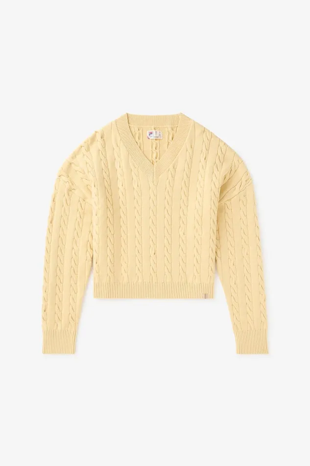 Women Tops and TShirts Fila Baseline Chunky VNeck Sweater 200 Soy Bean