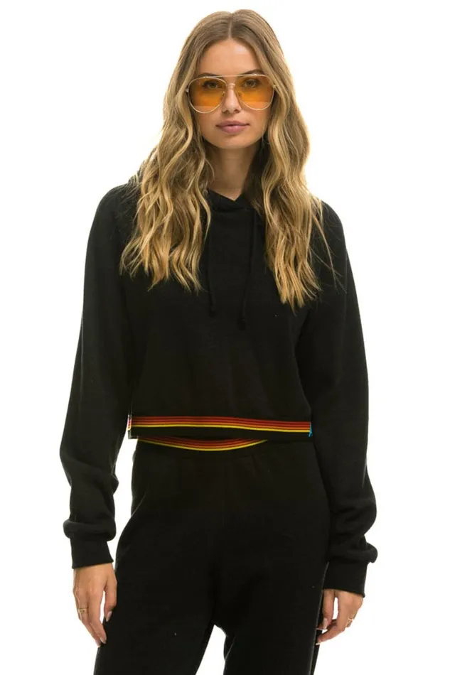 Women Tops Aviator Nation LOGO STRIPE CROP PULLOVER HOODIE 8211 BLACK
