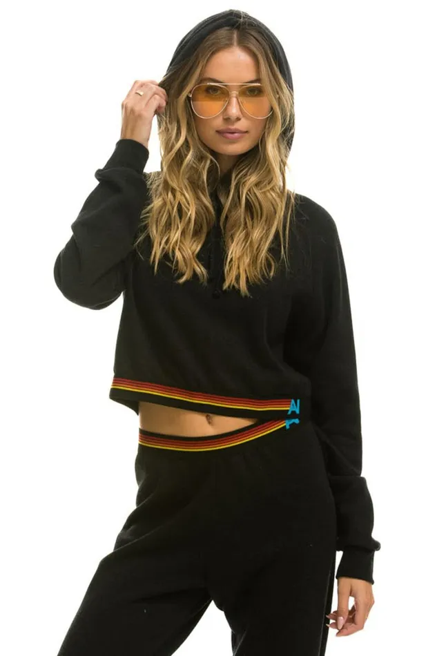 Women Tops Aviator Nation LOGO STRIPE CROP PULLOVER HOODIE 8211 BLACK Women Tops Aviator Nation LOGO STRIPE CROP PULLOVER HOODIE 8211 BLACK