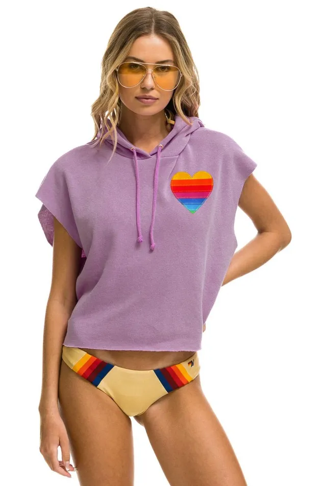 Women Tops Aviator Nation RAINBOW HEART STITCH SLEEVELESS RELAXED CROPPED PULLOVER HOODIE 8211 MAUVE