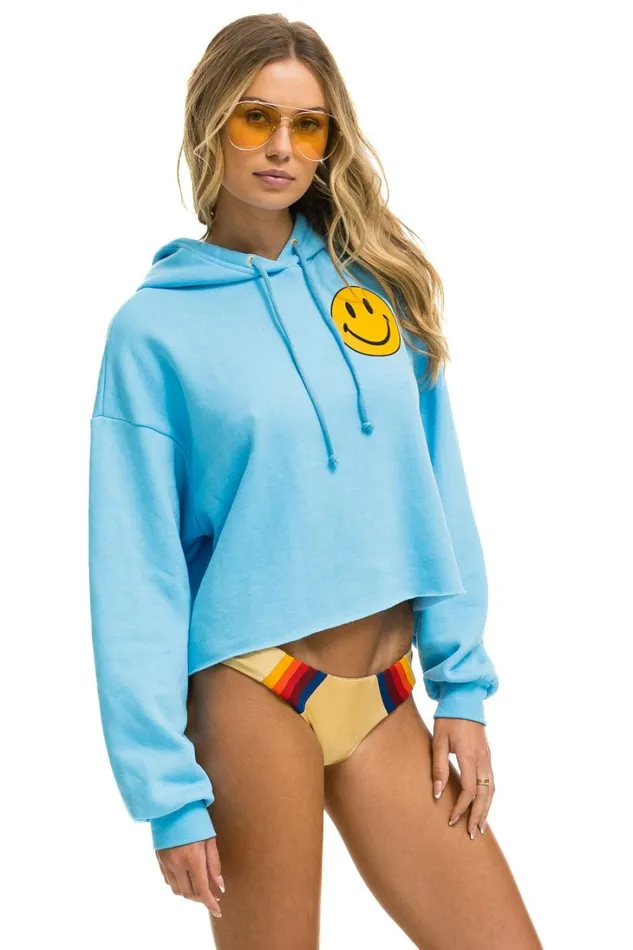 Women Tops Aviator Nation SMILEY 2 RELAXED CROPPED PULLOVER HOODIE 8211 SKY