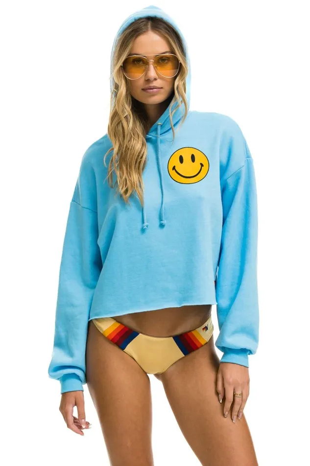 Women Tops Aviator Nation SMILEY 2 RELAXED CROPPED PULLOVER HOODIE 8211 SKY