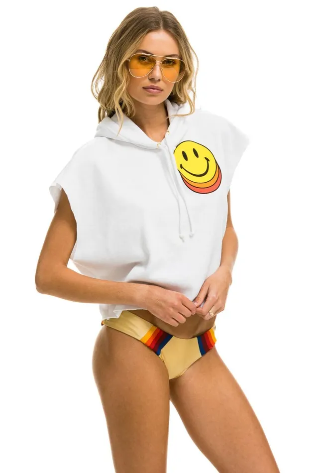 Women Tops Aviator Nation SMILEY SUNSET SLEEVELESS RELAXED CROPPED PULLOVER HOODIE 8211 WHITE