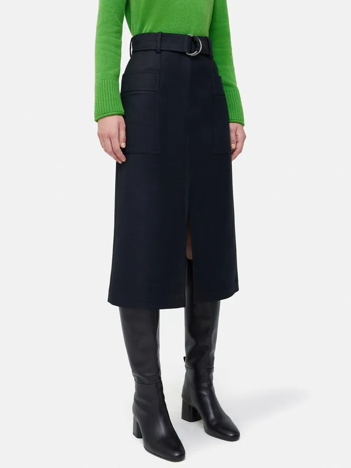 Women Wool Belted Utility Skirt Navy Jigsaw Skirts