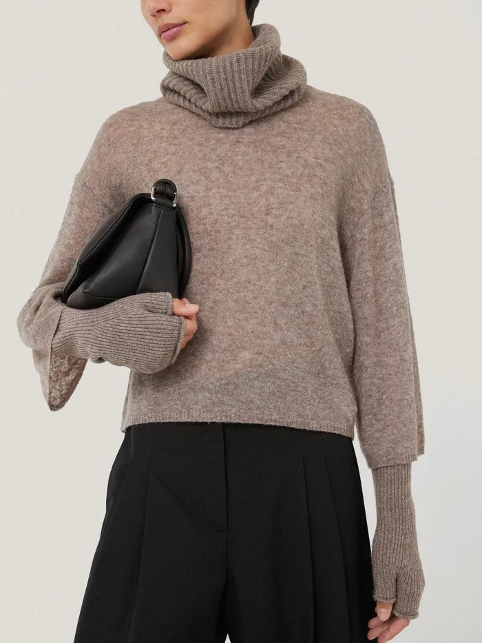 Women Wool Cashmere Blend Mittens Oatmeal Jigsaw Knitwear and Cashmere