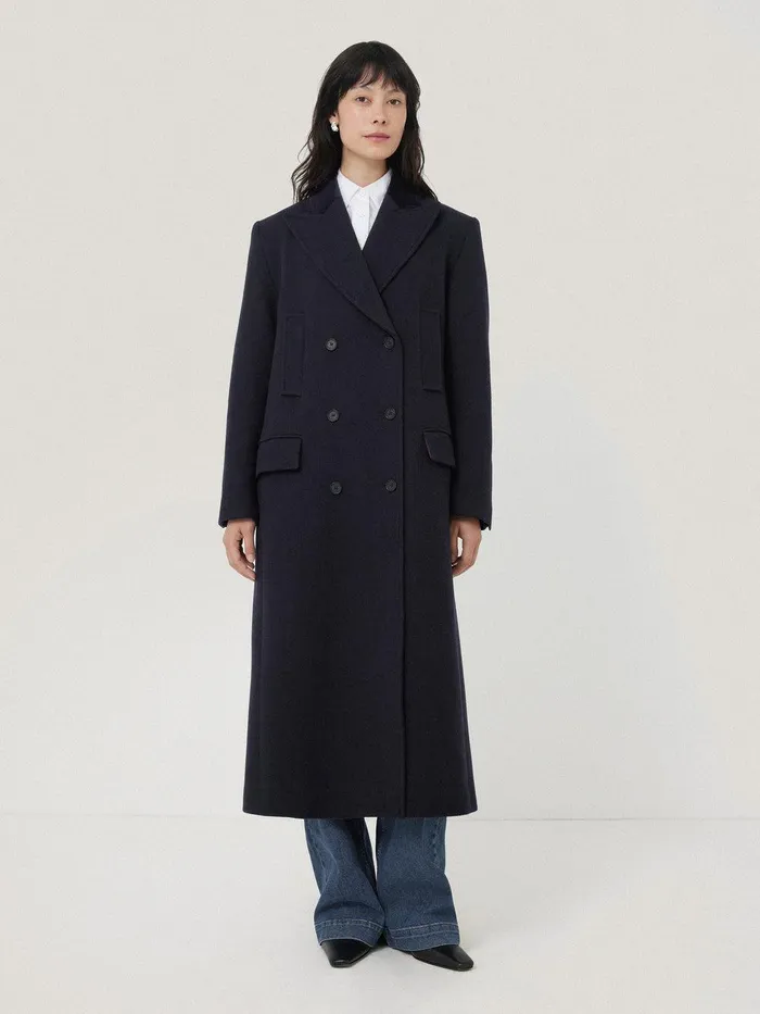 Women Wool Double Breasted Overcoat Navy Jigsaw Coats and Jackets