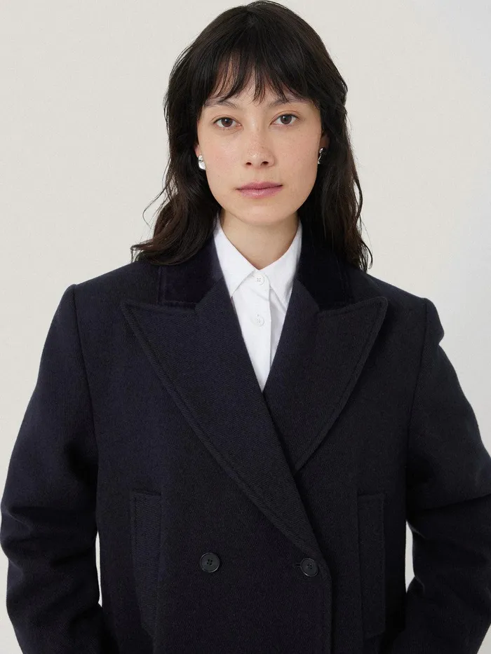 Women Wool Double Breasted Overcoat Navy Jigsaw Coats and Jackets