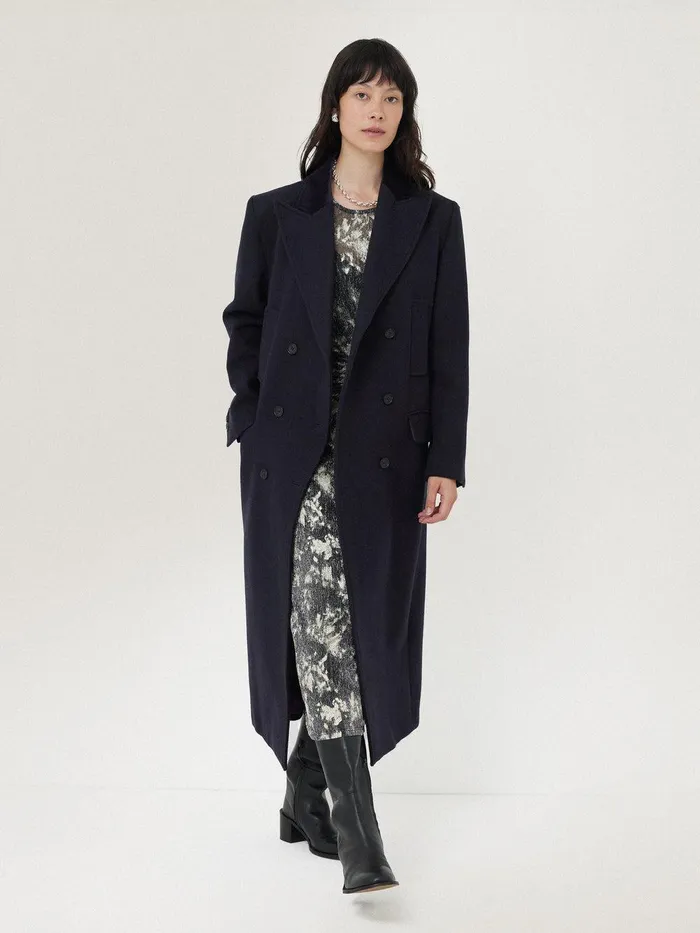 Women Wool Double Breasted Overcoat Navy Jigsaw Coats and Jackets