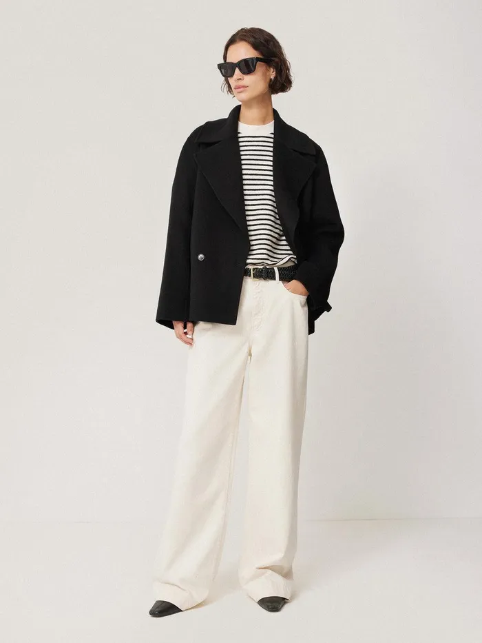 Women Wool Double Faced Short Coat Black Jigsaw Coats and Jackets